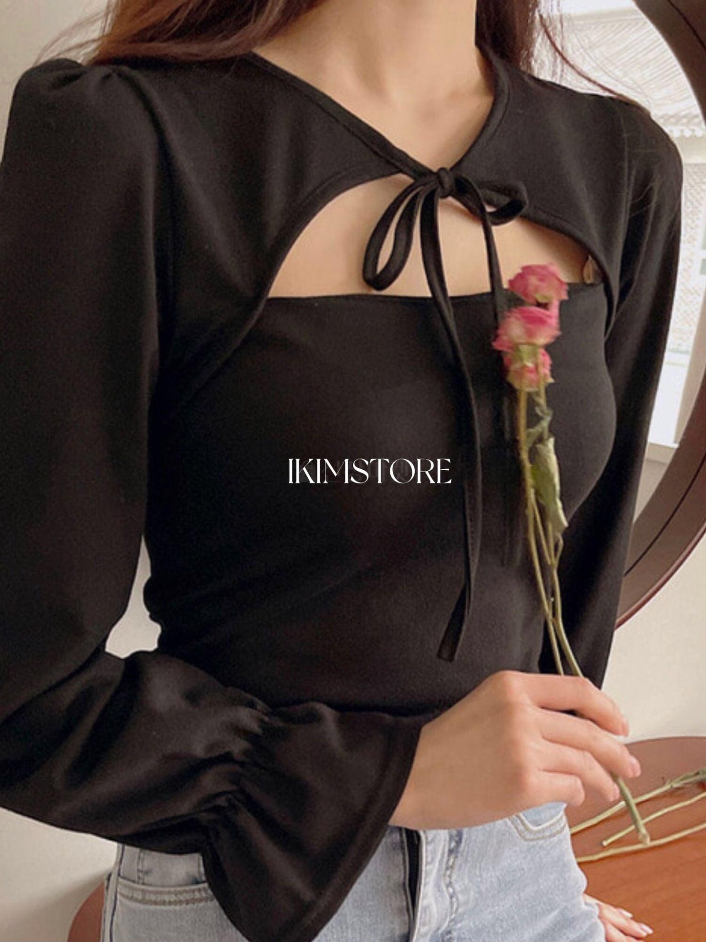 韓製胸口縷空綁帶長袖上衣<KR> - IKIMSTORE