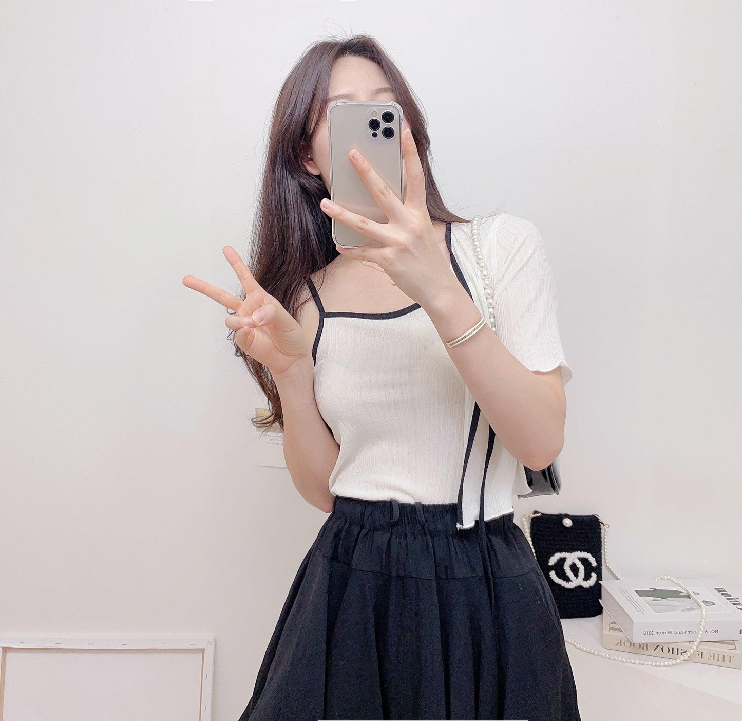 【完美搭配SET!】涼感綁帶撞色短袖開衫+背心套裝<KR> - IKIMSTORE