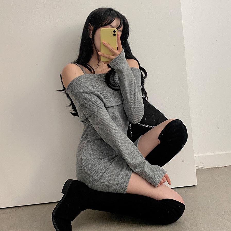 吊帶露肩迷你連衣裙<KR> - IKIMSTORE