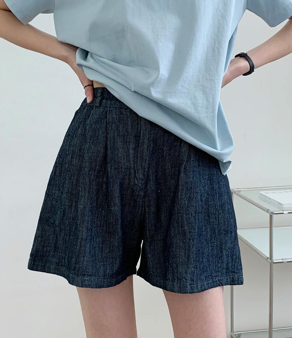 🧊【涼感/後橡筋腰!】兩針褶原色牛仔短褲<KR>(S~2XL) - IKIMSTORE