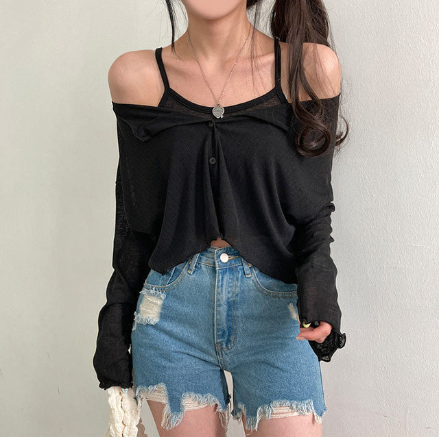 涼感薄款♡ 木耳花邊背心外套SET