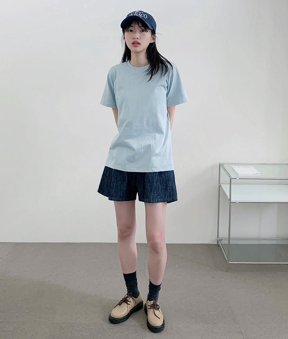 🧊【涼感/後橡筋腰!】兩針褶原色牛仔短褲<KR>(S~2XL) - IKIMSTORE