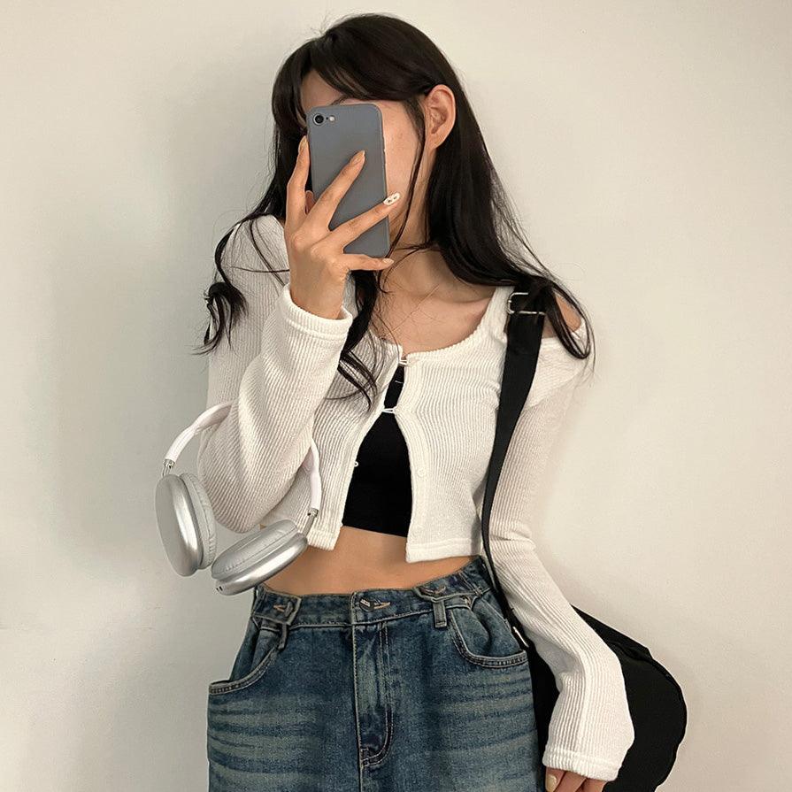 韓製獨特露肩鈕扣開衫<KR> - IKIMSTORE