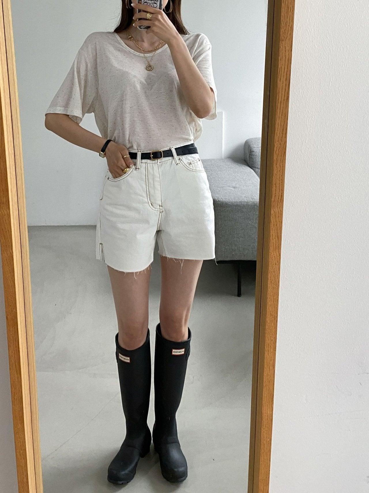 白色棕明線牛仔短褲<KR> - IKIMSTORE