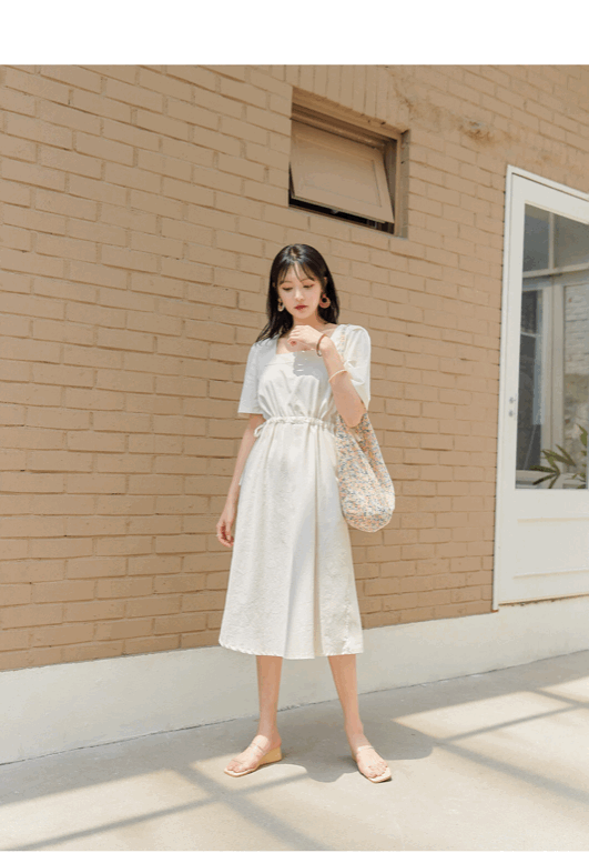 【兩面穿!/現貨白】方領明線綁帶連衣裙<KR> - IKIMSTORE