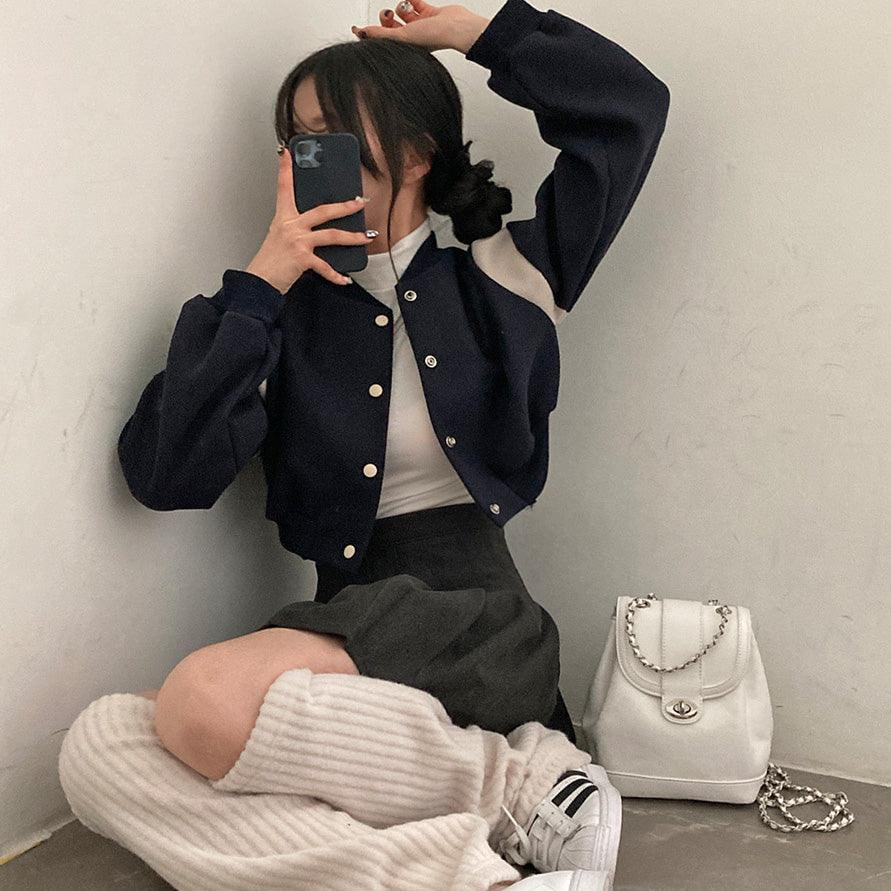 撞色毛呢短款飛行員夾克<KR> - IKIMSTORE