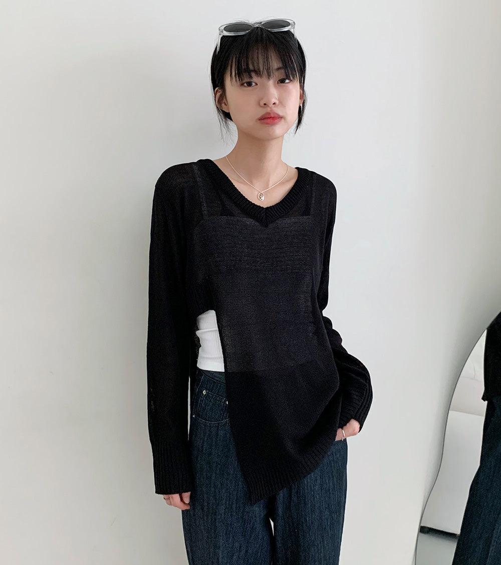 韓製V領開衩透膚針織衫<KR> - IKIMSTORE