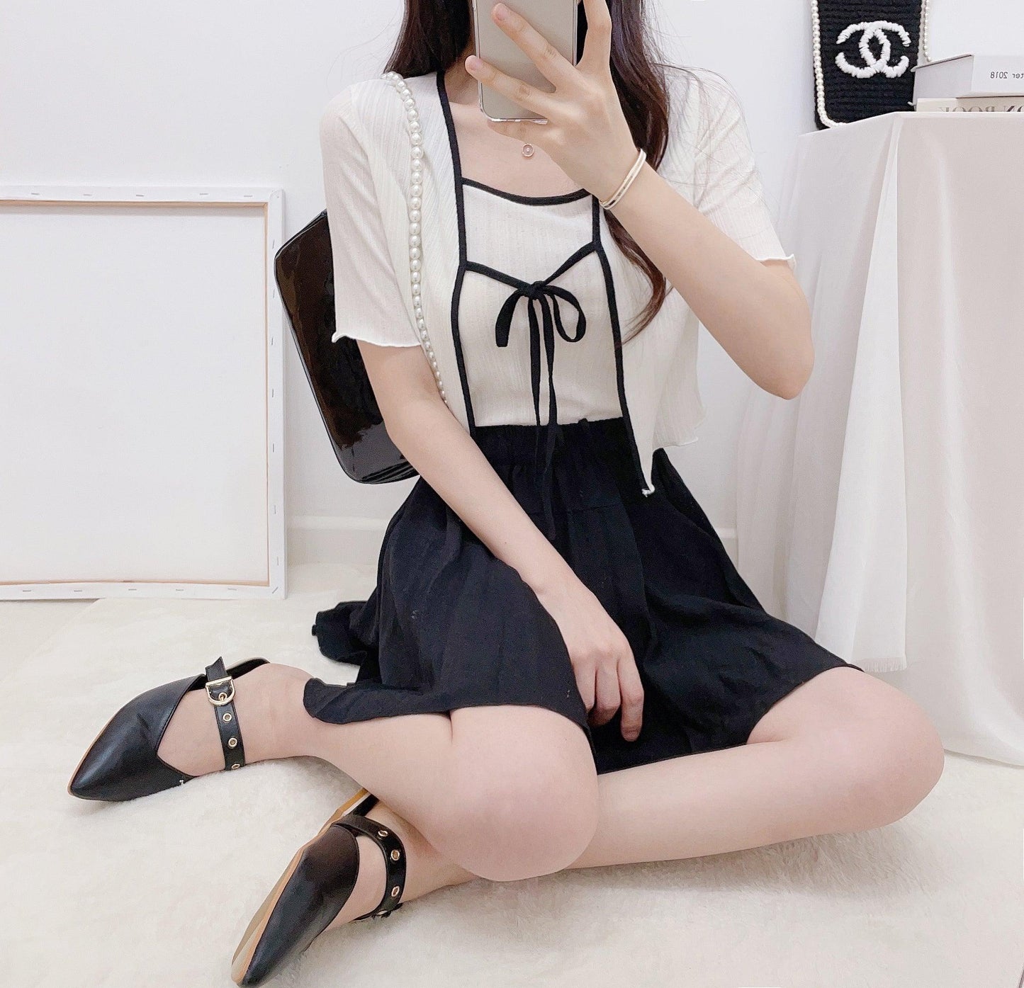 【完美搭配SET!】涼感綁帶撞色短袖開衫+背心套裝<KR> - IKIMSTORE