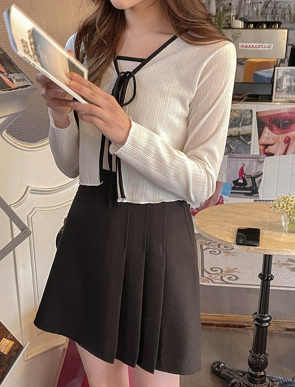 撞色蝴蝶結綁帶背心外套SET<KR> - IKIMSTORE