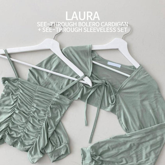 【現貨綠黑/套裝】薄款褶皺背心+綁帶短外套套裝 - IKIMSTORE