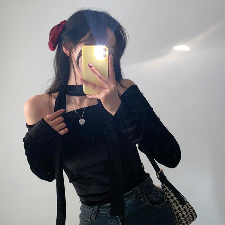 【現貨黑】🦢Velvet頸帶+露肩T恤套裝<KR> - IKIMSTORE