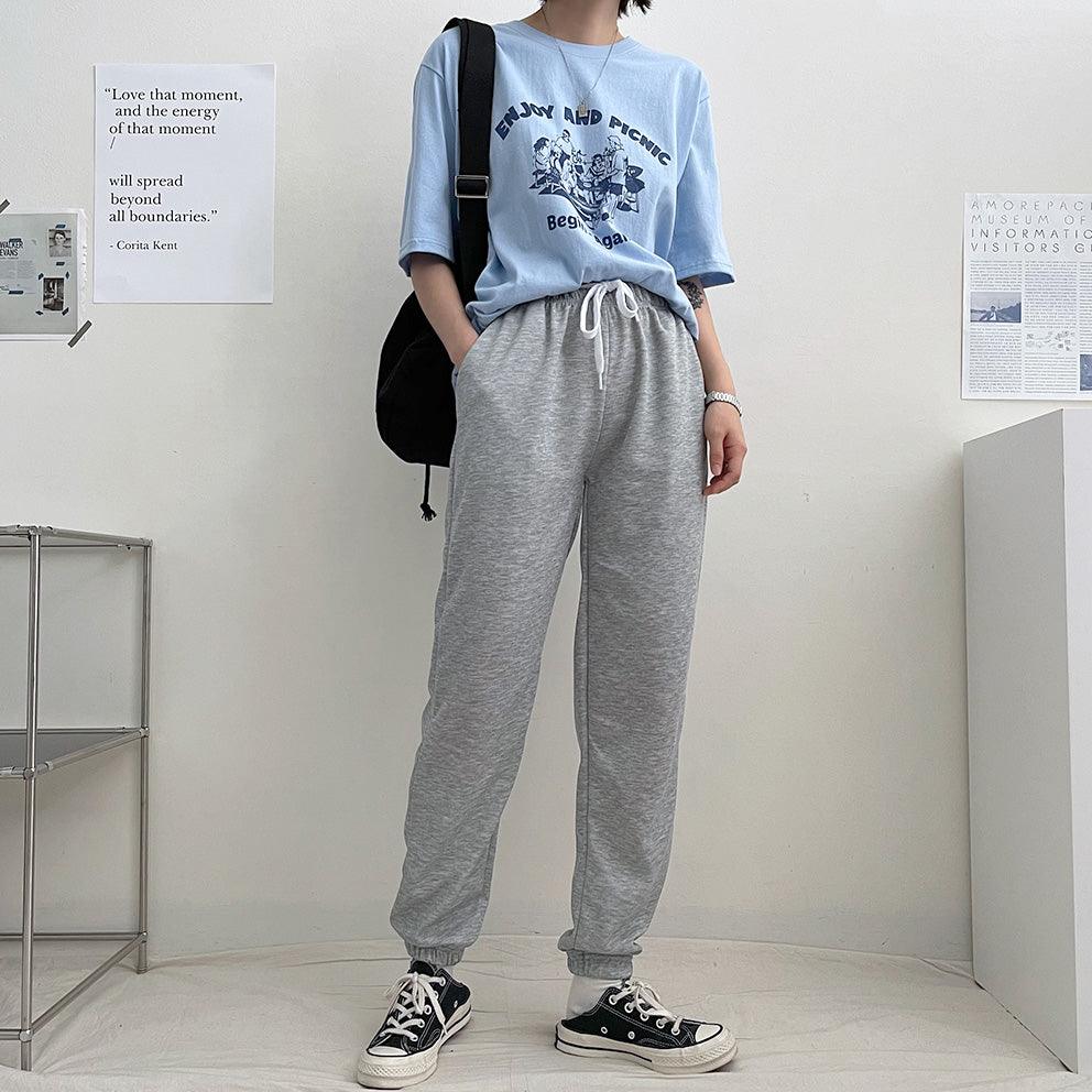 【韓製/S-5XL】高腰鬆緊腰慢跑束腳褲<KR> (14color) - IKIMSTORE