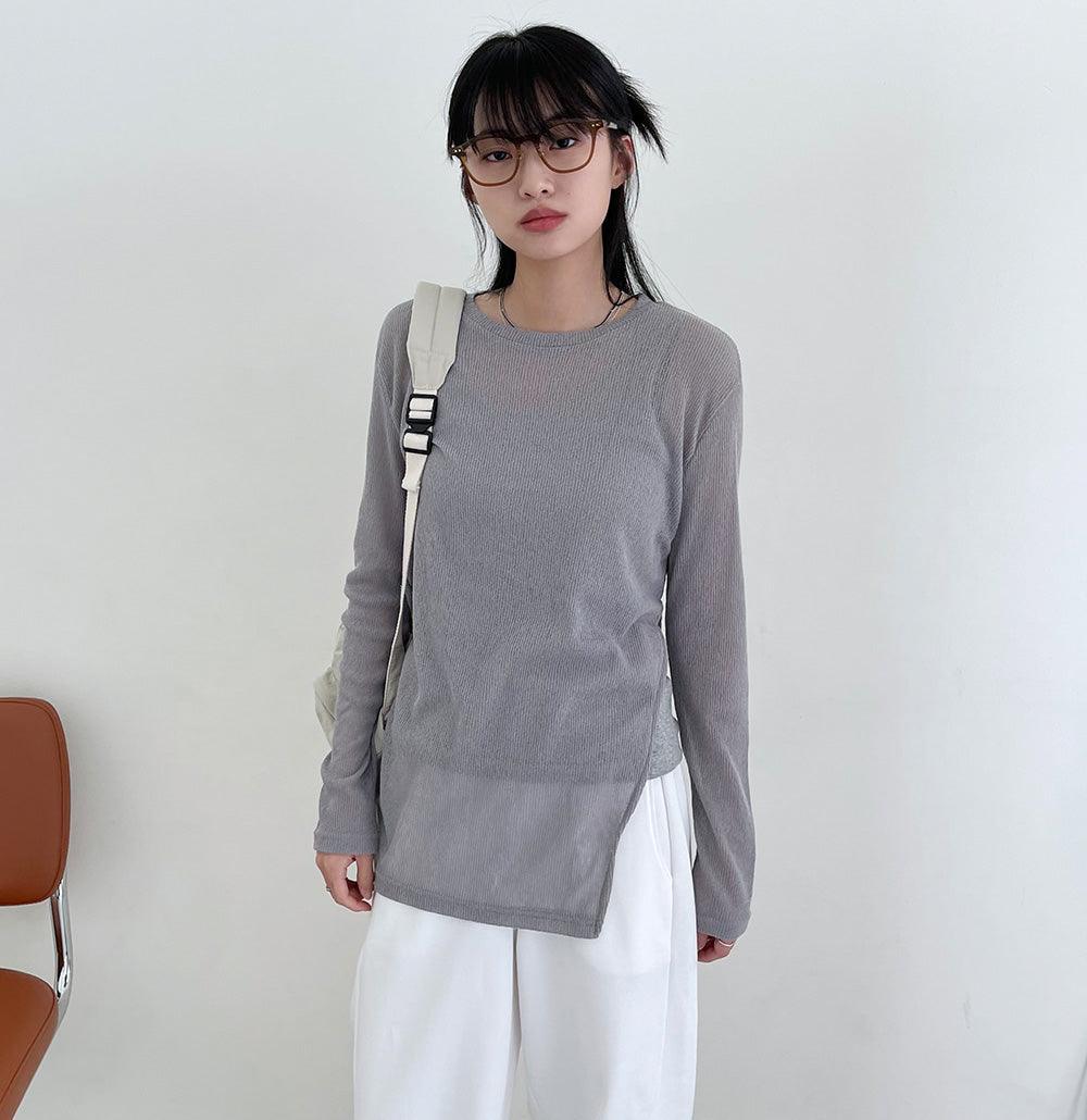 【現貨khaki】圓領開衩透膚長袖T恤<KR> - IKIMSTORE