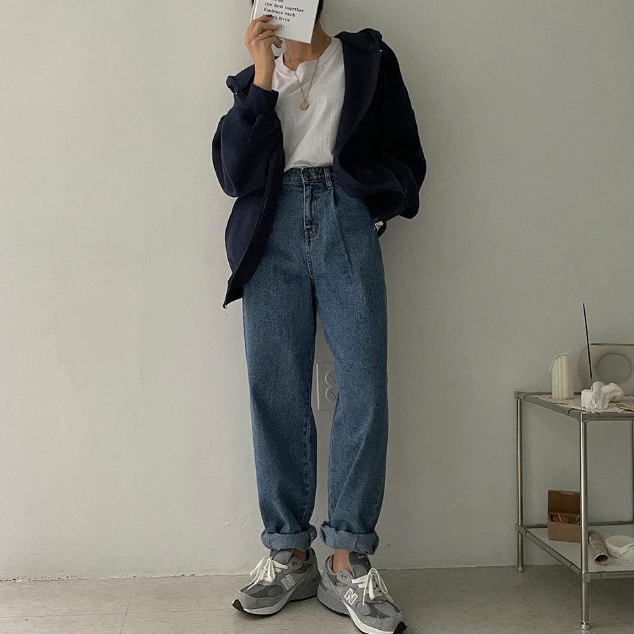 【現貨藍(m)】韓製單褶直筒牛仔褲<KR> (S-L) - IKIMSTORE