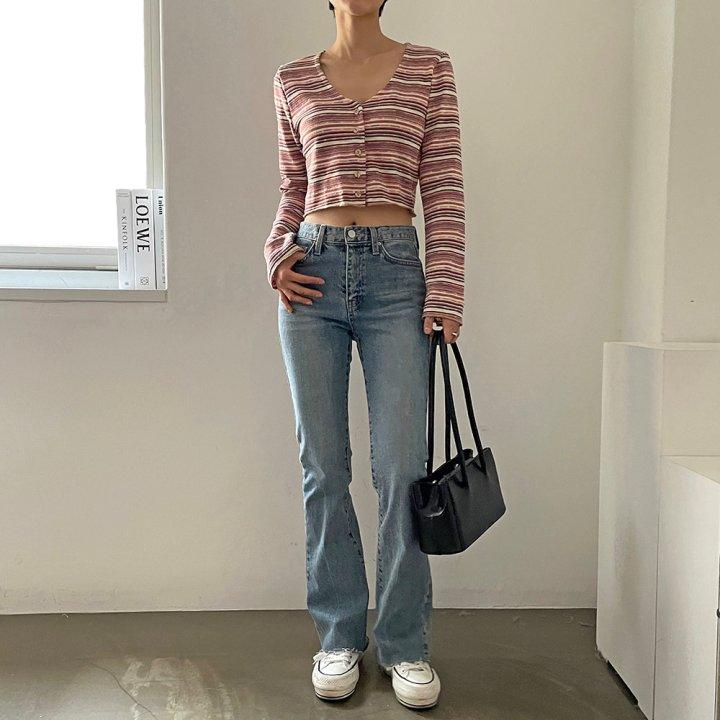 🌊水波條紋短款開衫上衣<KR> - IKIMSTORE