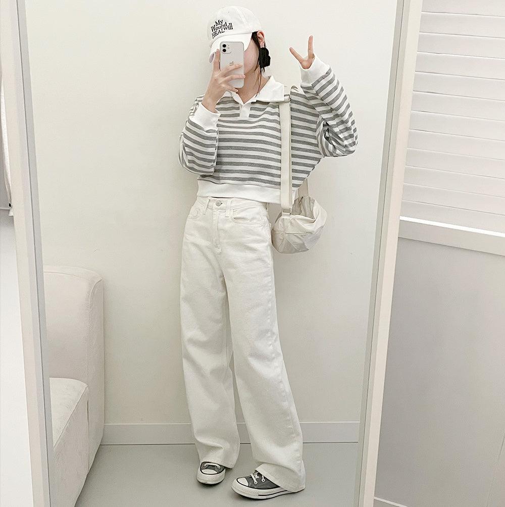 撞色條紋短款翻領衛衣<KR> - IKIMSTORE