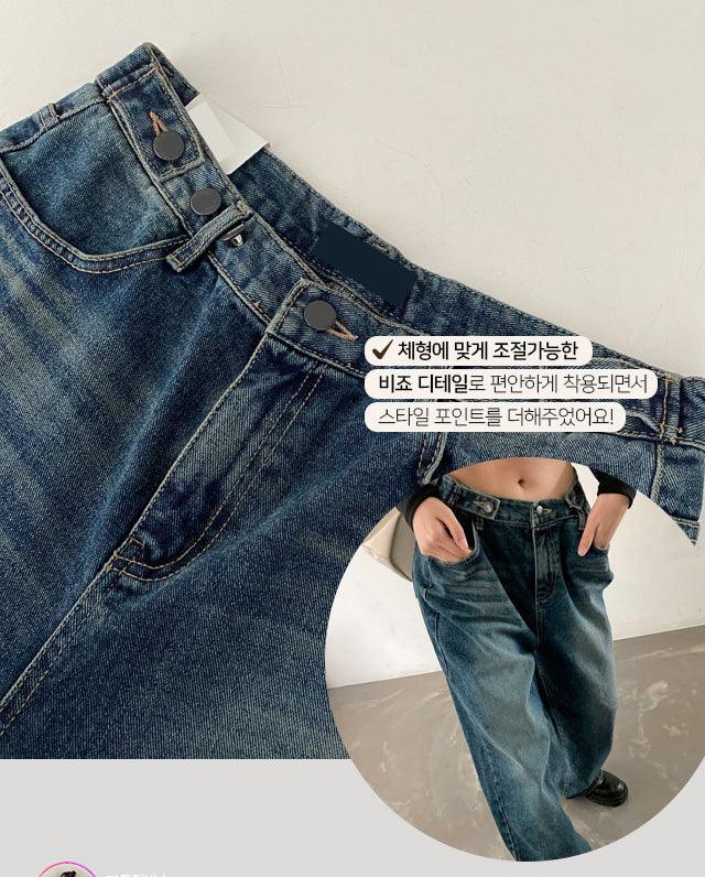 韓製復古腰扣水洗牛仔寬褲<KR> - IKIMSTORE