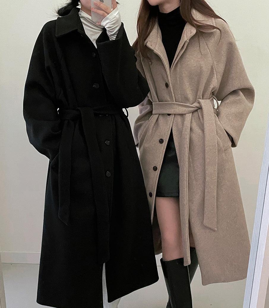 【現貨beige柔軟/附腰帶】🇰🇷韓製翻領寬鬆毛呢長大衣(3color) - IKIMSTORE
