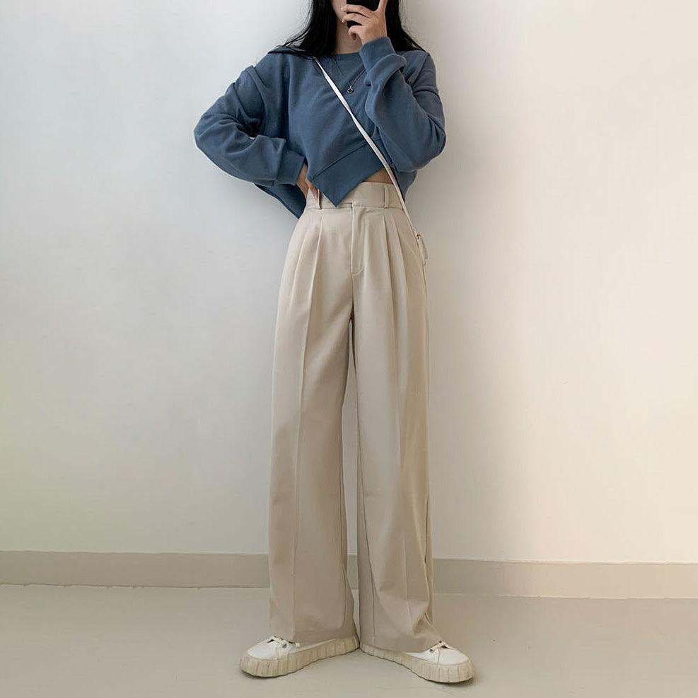 【獨特側鈕!】高腰兩針褶西裝闊褲(S-XL) - IKIMSTORE