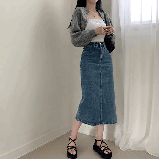 秋季簡約後開衩牛仔長裙(S-L) - IKIMSTORE