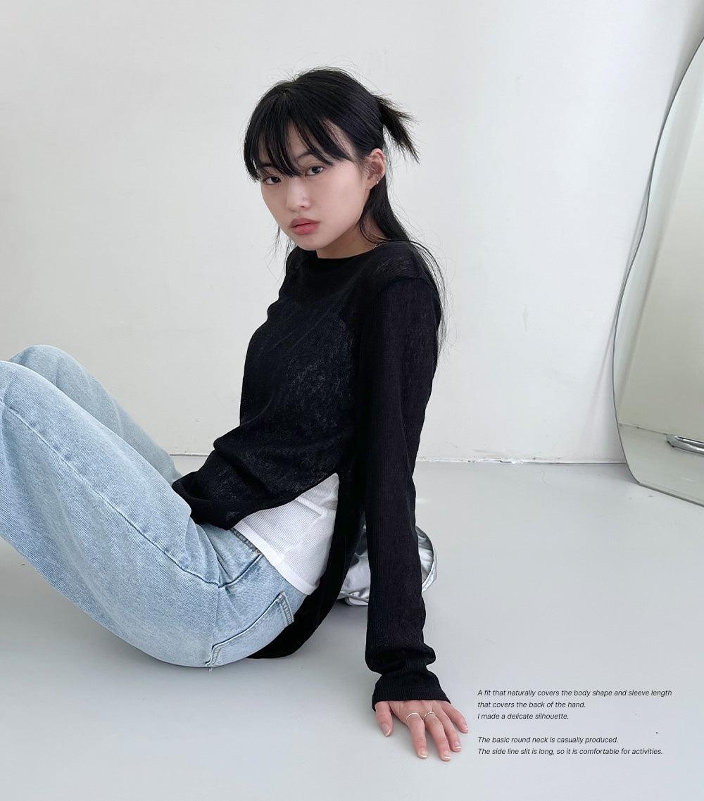 【現貨khaki】圓領開衩透膚長袖T恤<KR> - IKIMSTORE