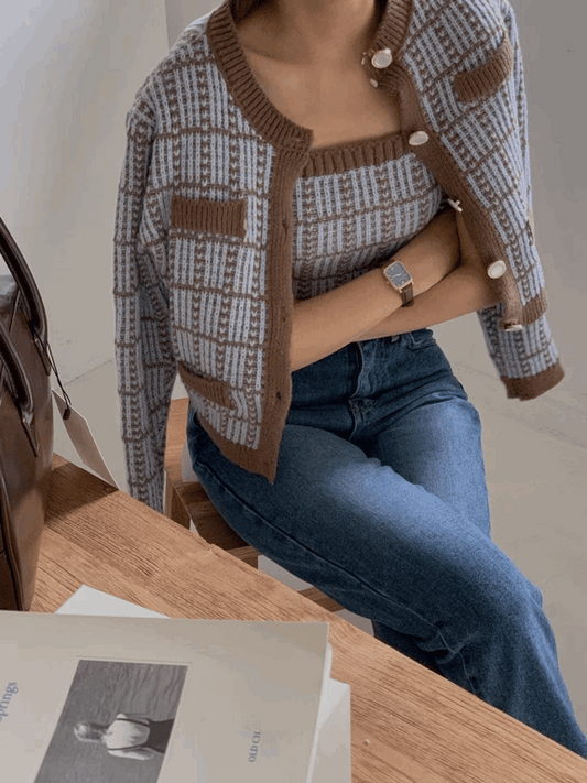 🥂小香風撞色針織外套+背心套裝 - IKIMSTORE