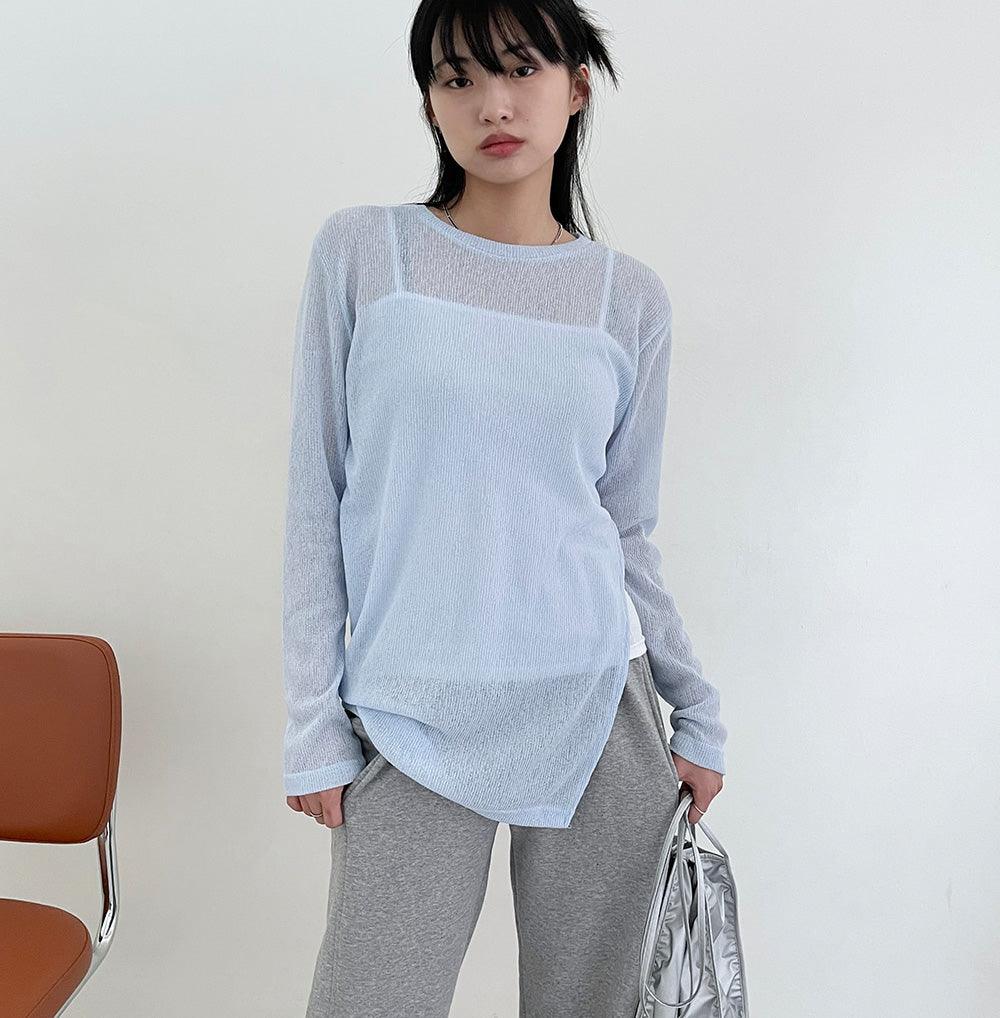 【現貨khaki】圓領開衩透膚長袖T恤<KR> - IKIMSTORE