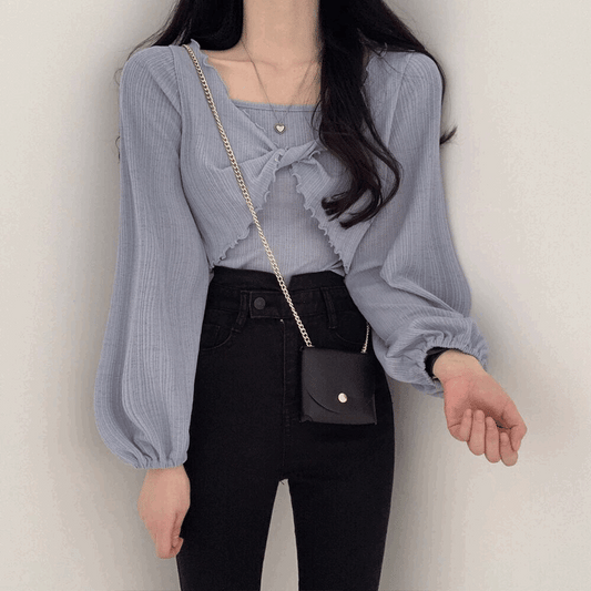 韓製輕盈直紋扭結T恤+背心SET<KR> - IKIMSTORE