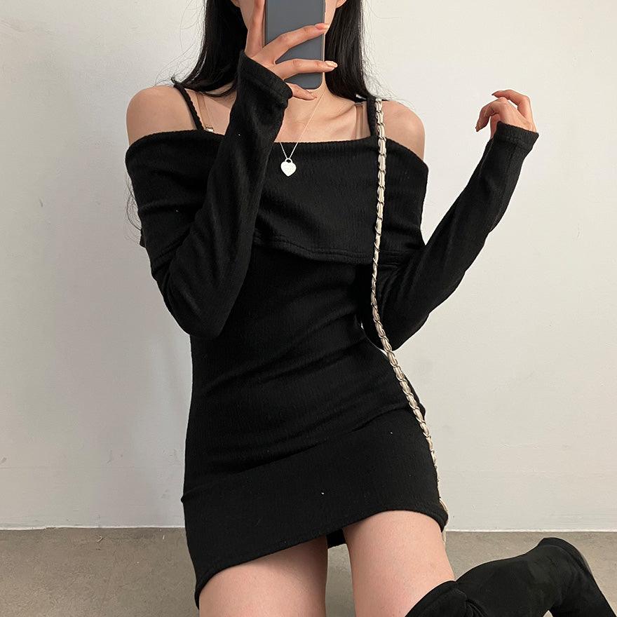 吊帶露肩迷你連衣裙<KR> - IKIMSTORE