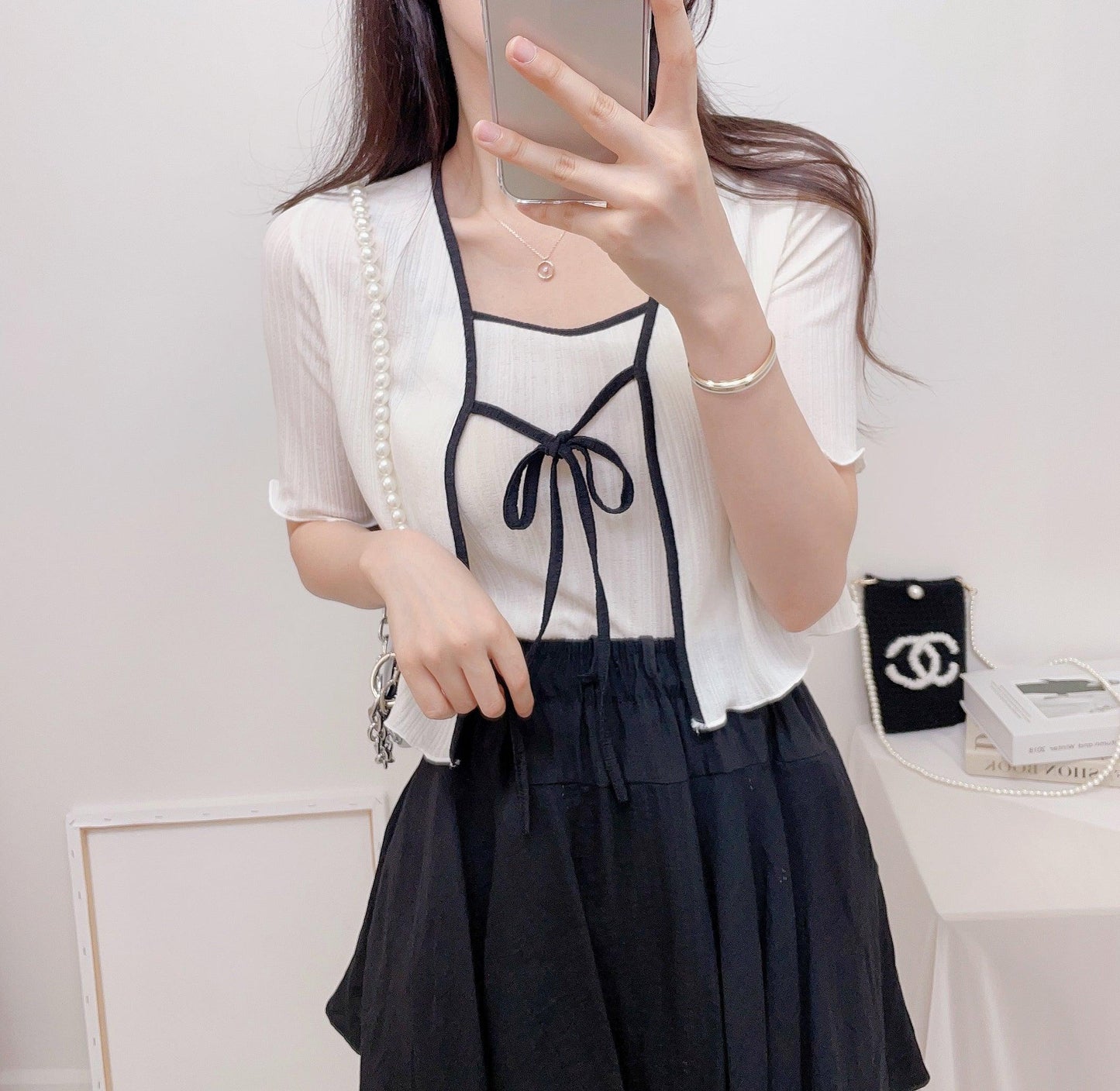 【完美搭配SET!】涼感綁帶撞色短袖開衫+背心套裝<KR> - IKIMSTORE