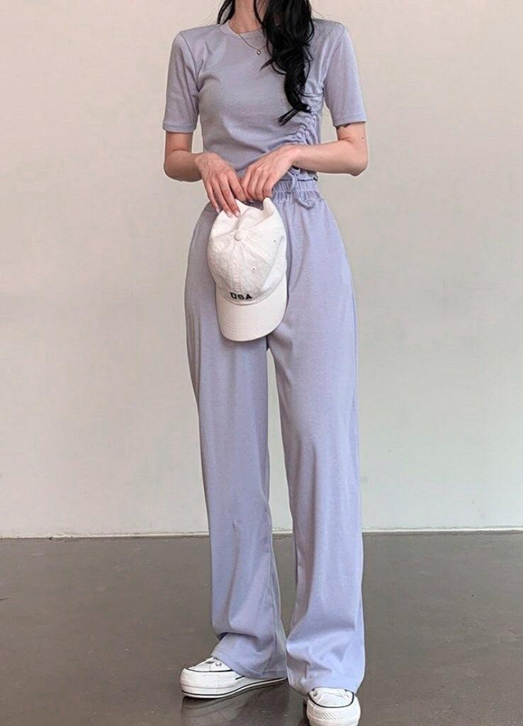 【現貨米、藍】抽繩crop top+休閒褲套裝♡兩件套 - IKIMSTORE