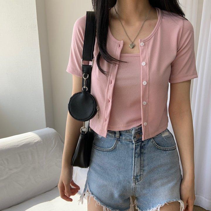 【現貨黑】🧡直紋交叉吊帶+小外套(套裝) - IKIMSTORE