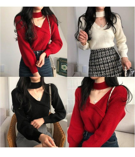 掛頸縷空針織衫 3色入 - ikimstore