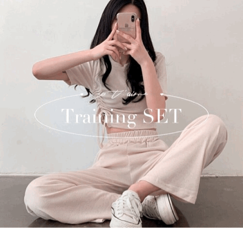 【現貨米、藍】抽繩crop top+休閒褲套裝♡兩件套 - IKIMSTORE