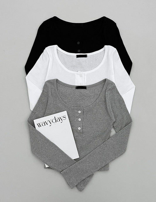 韓製方領鈕扣羅紋T恤<KR> - IKIMSTORE