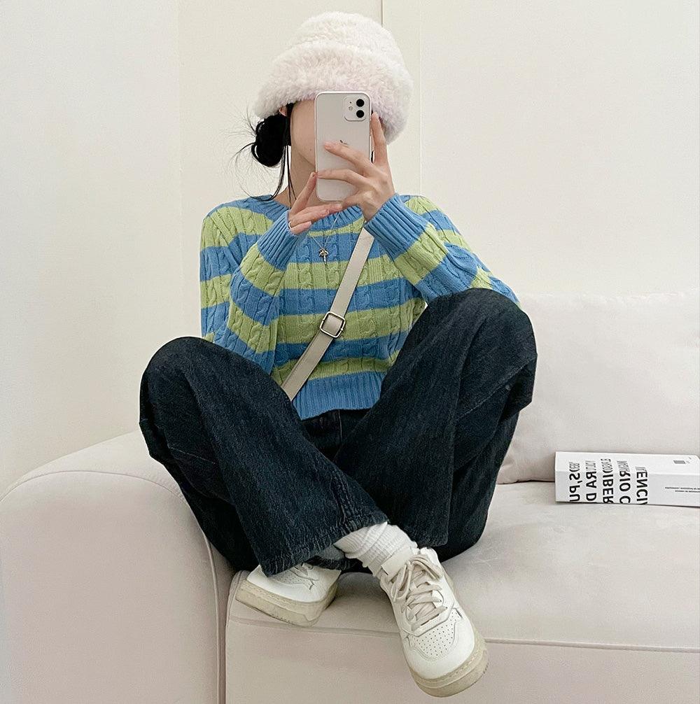 韓製撞色條紋麻花針織衫(5color)<KR> - IKIMSTORE