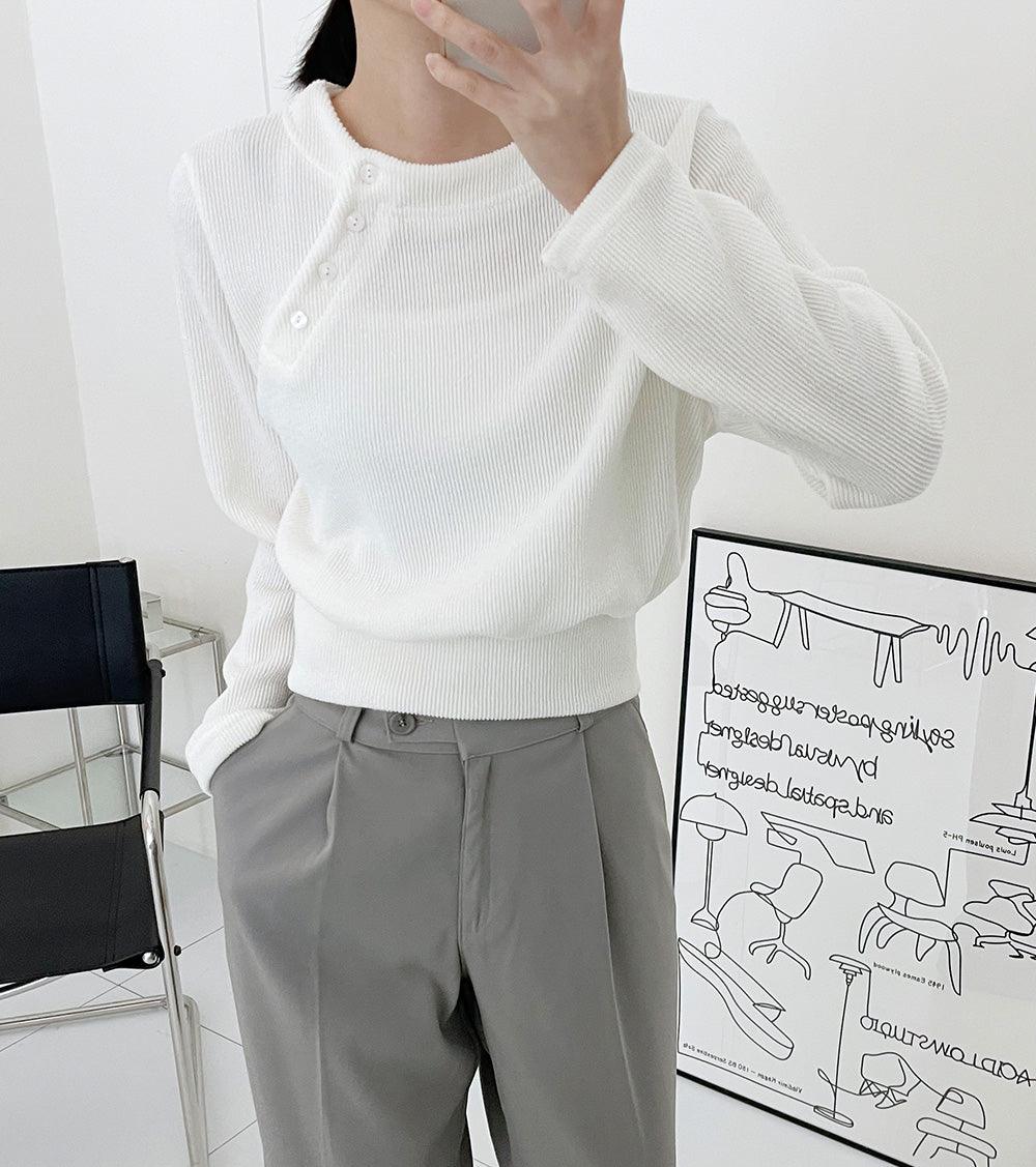 韓製斜鈕羅紋長袖T恤<KR> - IKIMSTORE