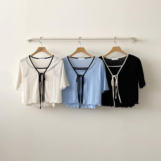 【完美搭配SET!】涼感綁帶撞色短袖開衫+背心套裝<KR> - IKIMSTORE