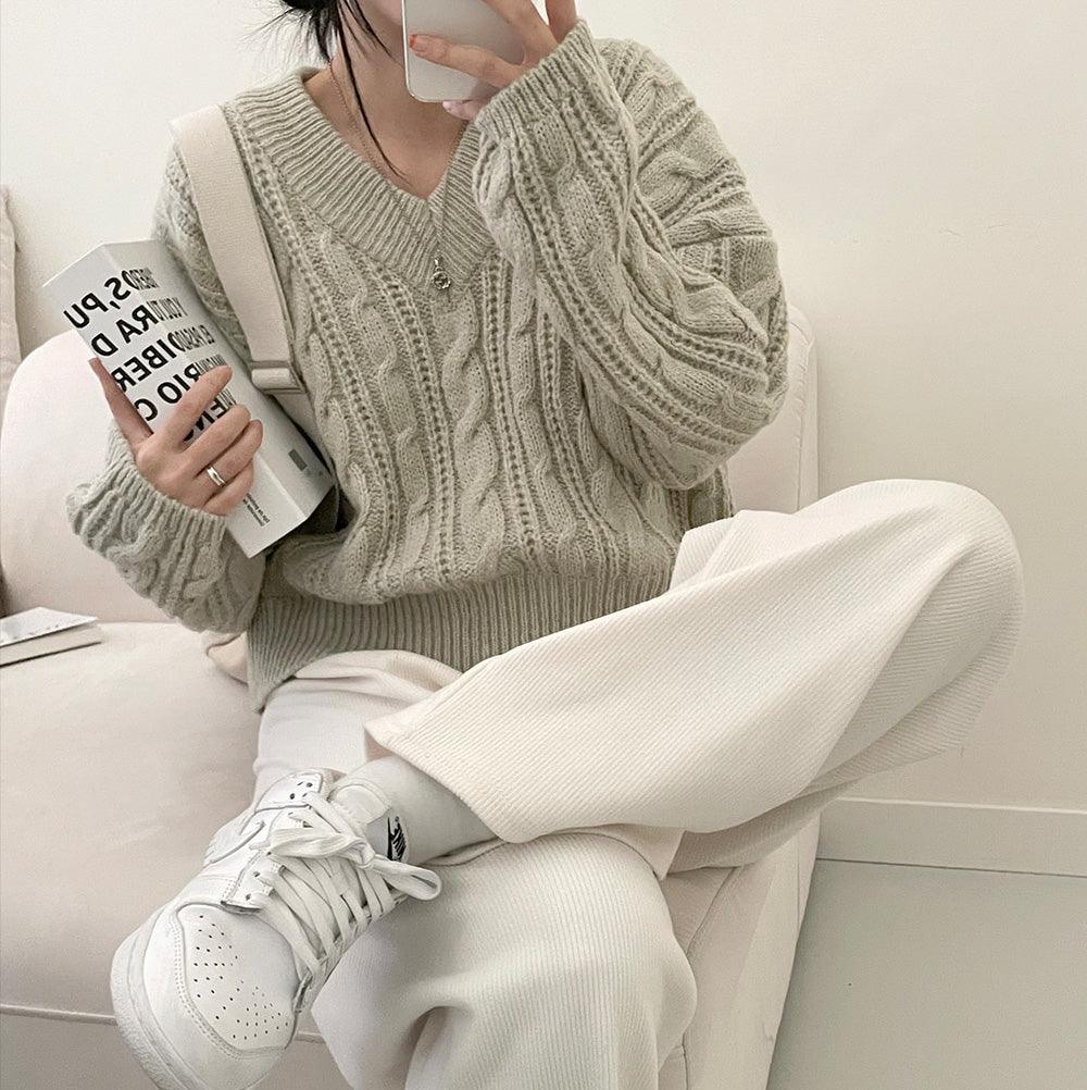 【部分現貨9色】🍬韓製糖果麻花V領針織衫<KR> - IKIMSTORE