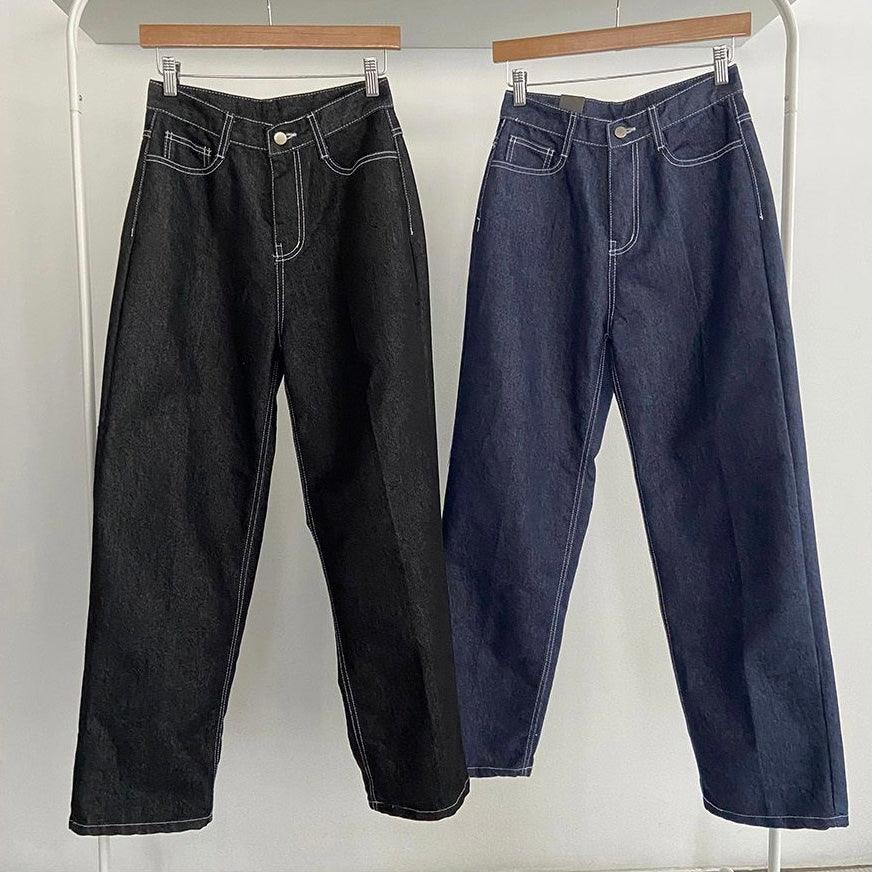 【現貨黑M】明線闊腳牛仔褲<KR> (S-L) - IKIMSTORE