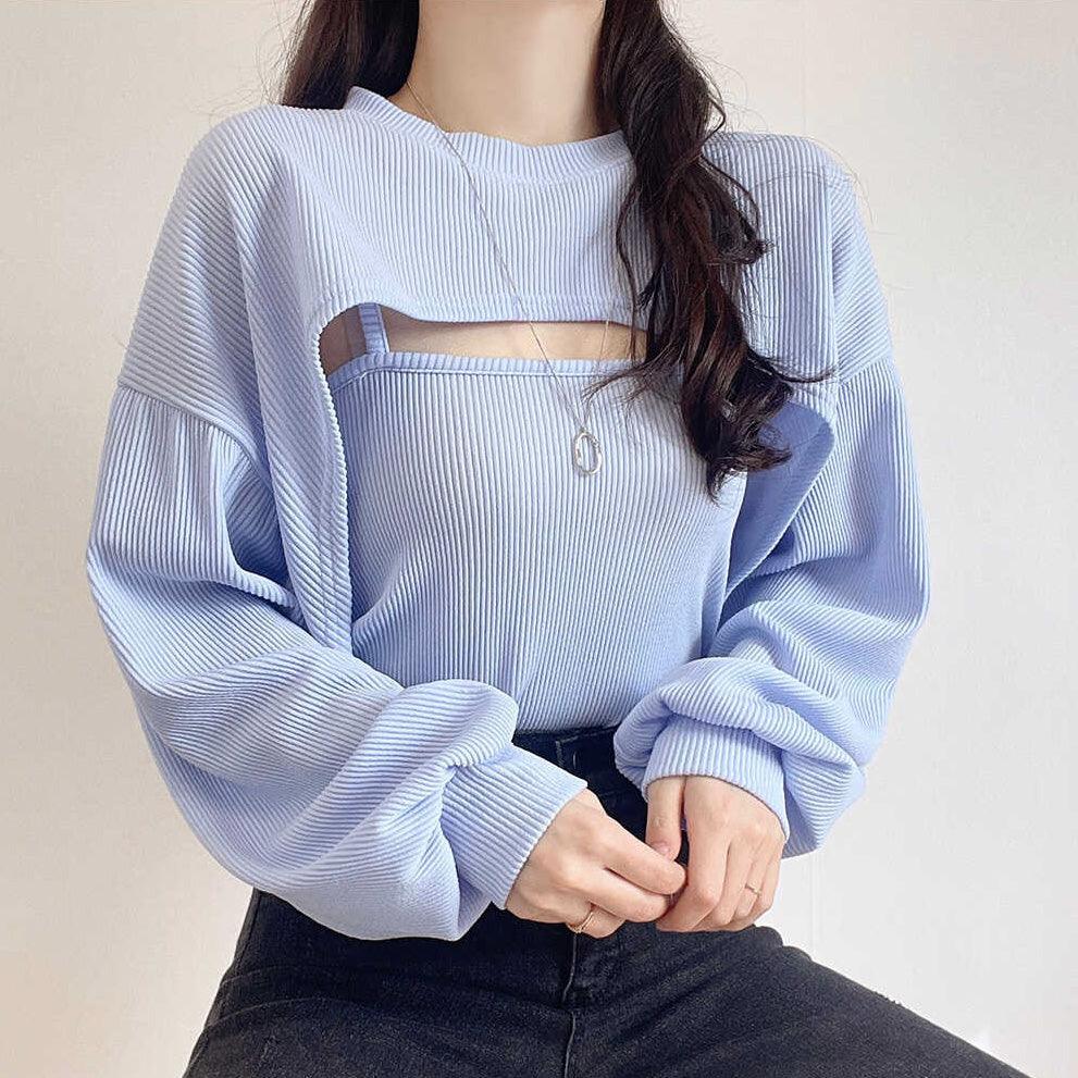 【SET】羅紋短版外套+背心套裝<KR> - IKIMSTORE