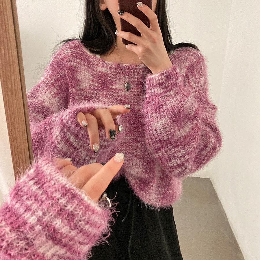 【現貨黑❣️年末Look】漸變色鎖骨船領針織上衣 - IKIMSTORE