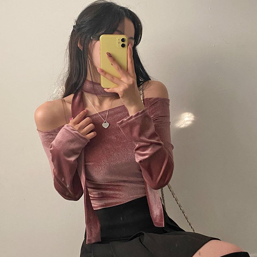 【現貨黑】🦢Velvet頸帶+露肩T恤套裝<KR> - IKIMSTORE