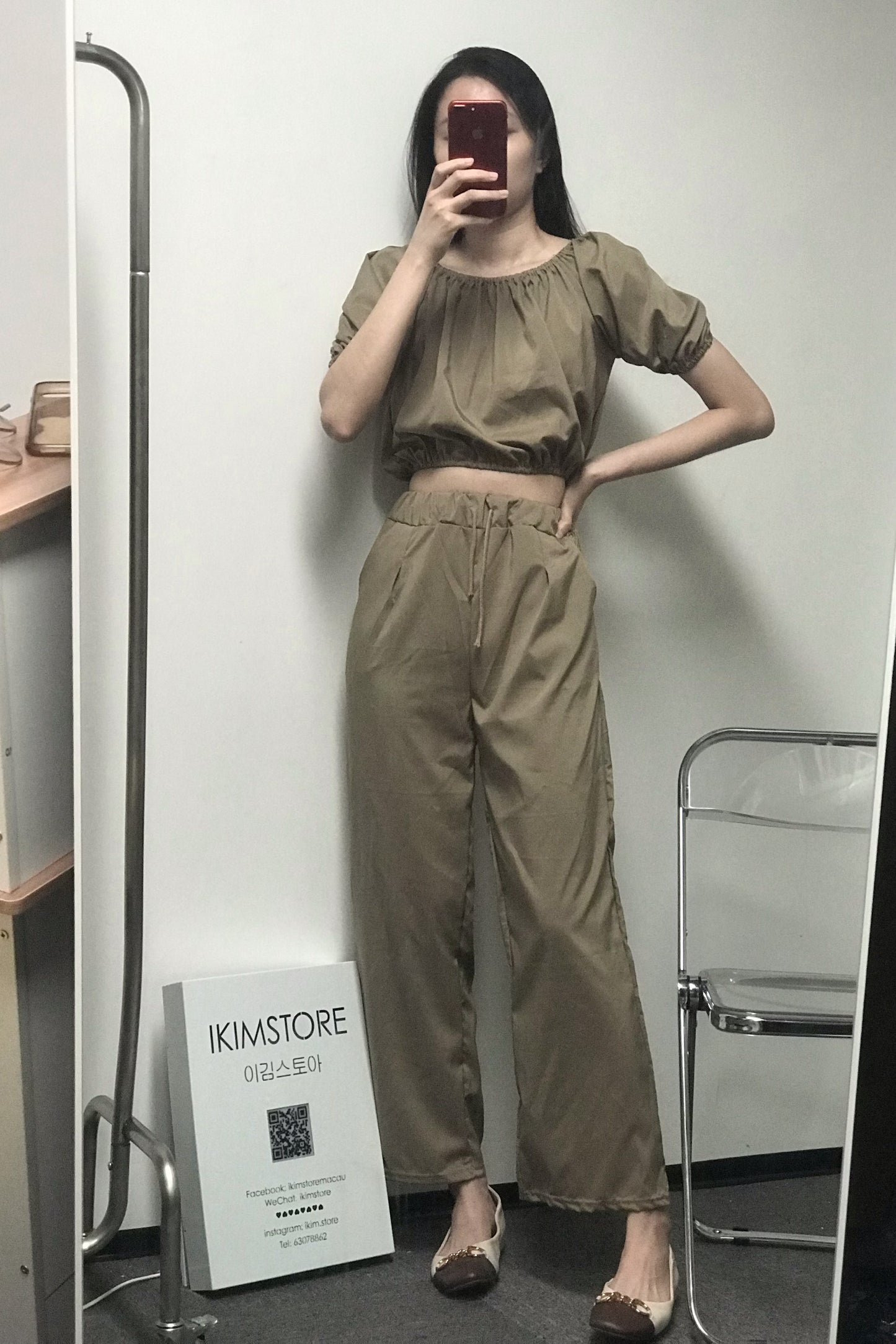 【現貨】一字露肩衫+長褲兩件套SET - IKIMSTORE