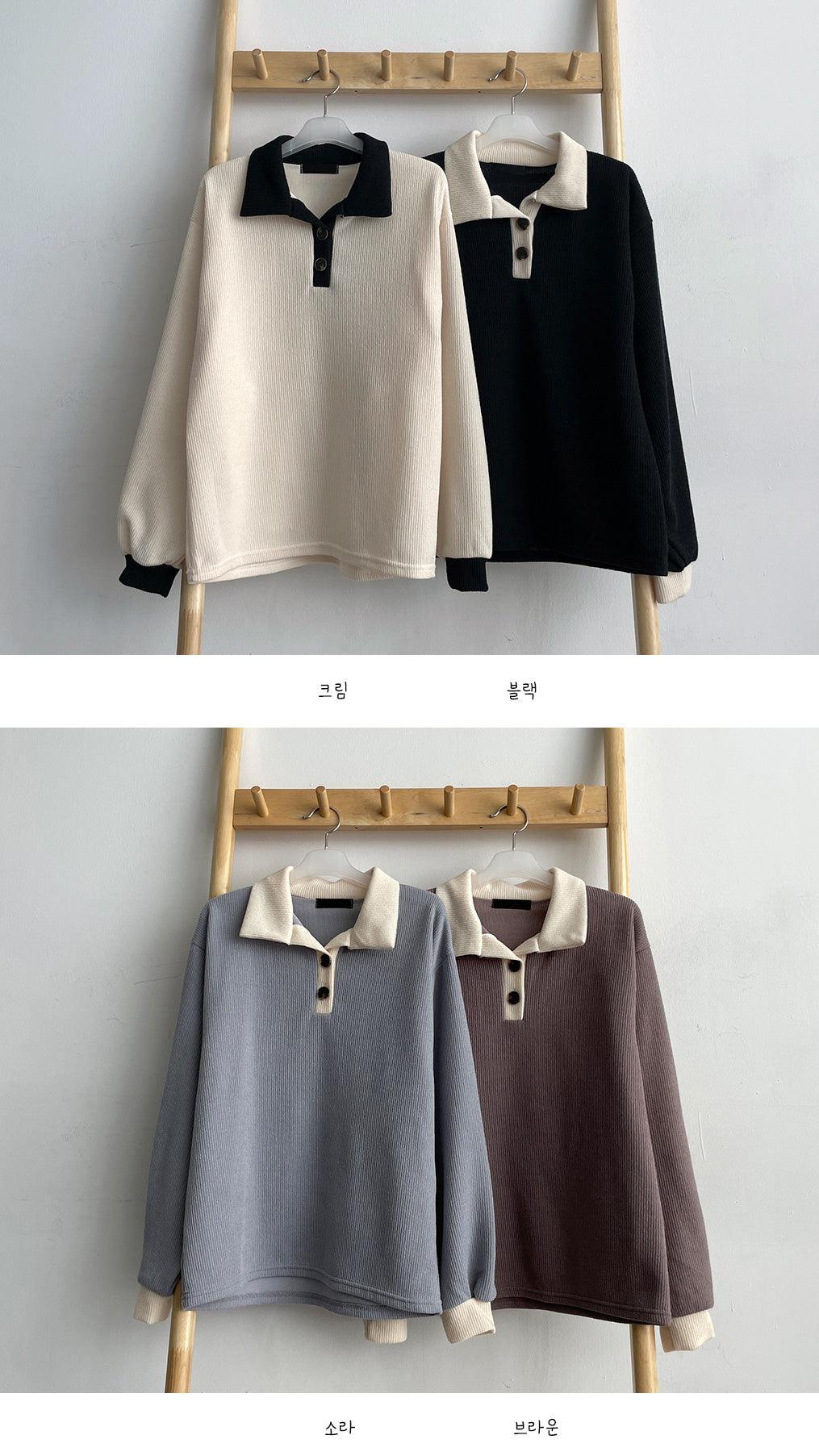韓製羅紋開鈕撞色T恤<KR> - IKIMSTORE