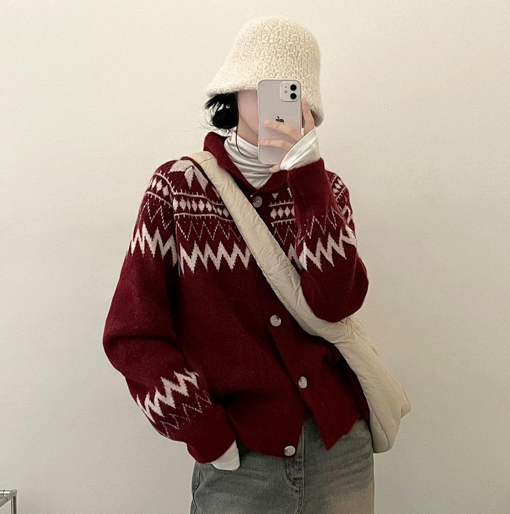 🦌北歐可愛撞色圖案開衫(3color) - IKIMSTORE