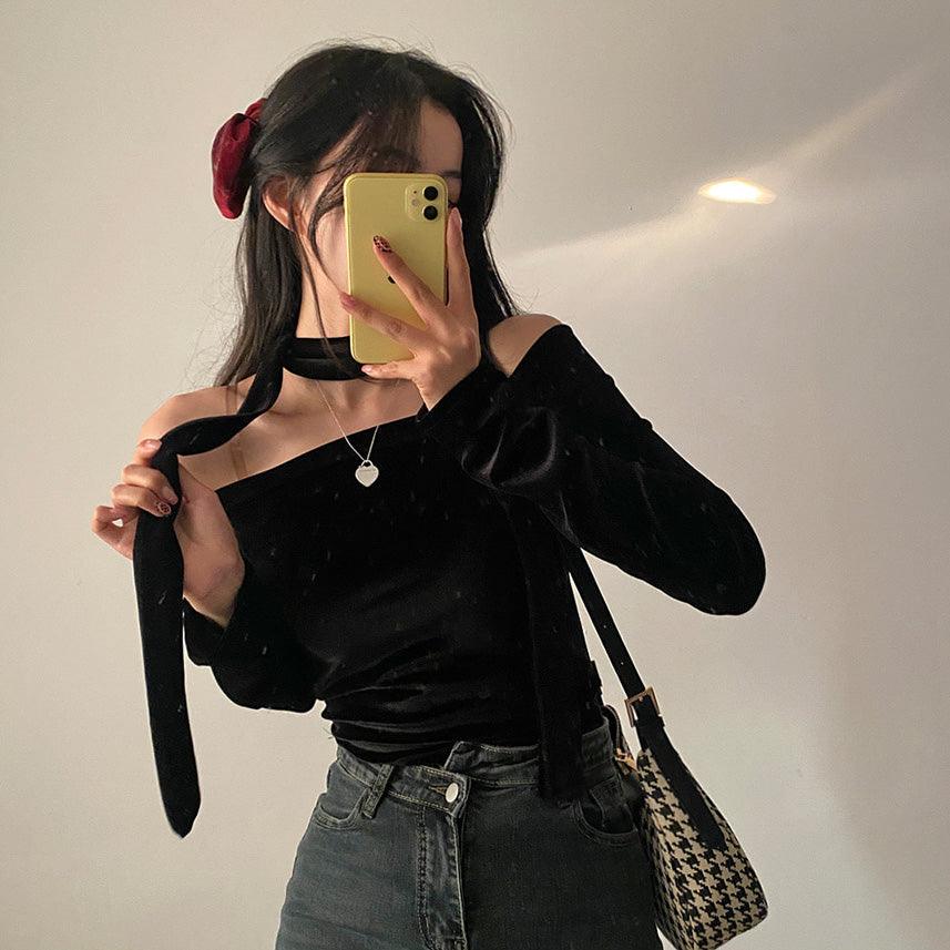 【現貨黑】🦢Velvet頸帶+露肩T恤套裝<KR> - IKIMSTORE