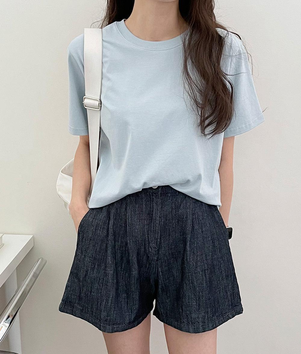 🧊【涼感/後橡筋腰!】兩針褶原色牛仔短褲<KR>(S~2XL) - IKIMSTORE