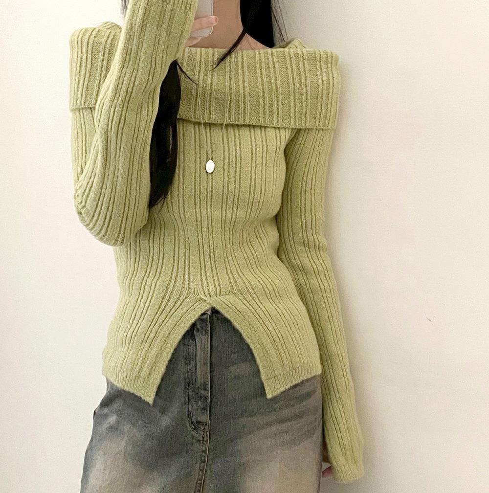 【兩穿🤎】開衩羅紋露肩上衣(5color) - IKIMSTORE