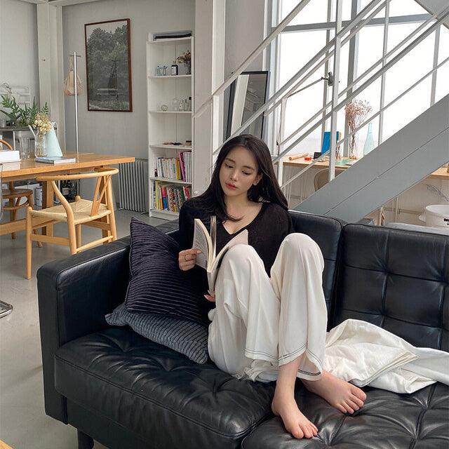 薄款明線闊腿西褲<KR> (S~2XL) - IKIMSTORE